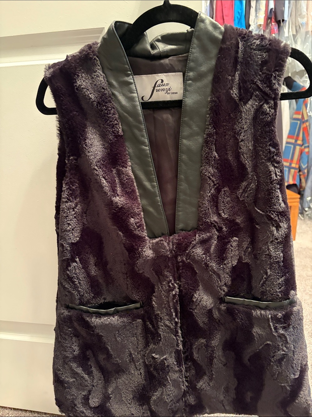 Faux Fur Vest in Dark Plum with Faux Leather Trim by